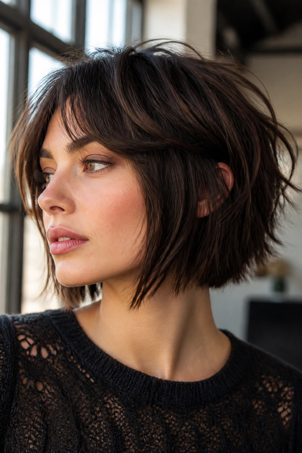 Close-up portrait of a real person with layered bob and disconnected top