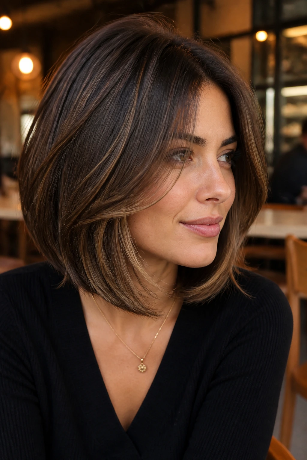 Portrait of a woman with layered bob and face-framing pieces around the chin area