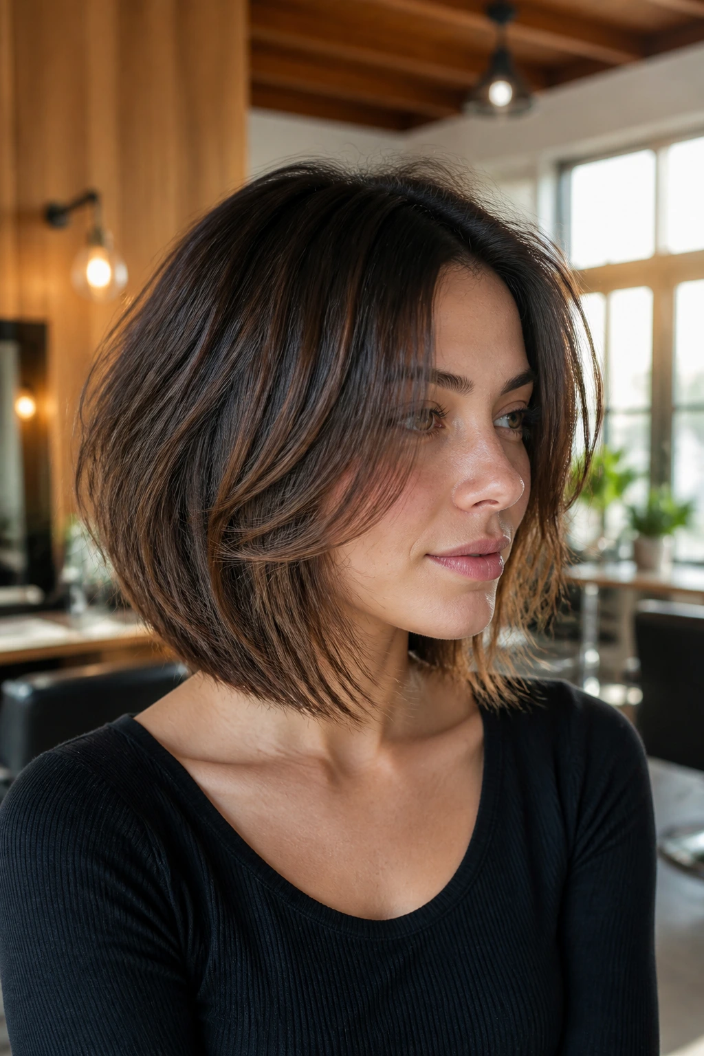 Medium close-up of a real person with layered thick-hair bob and face-framing pieces starting below the cheekbones in a sunlit salon.