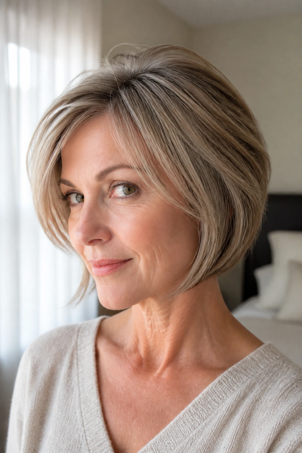Portrait of a real woman with layered bob for fine hair showing crown lift and subtle bends.