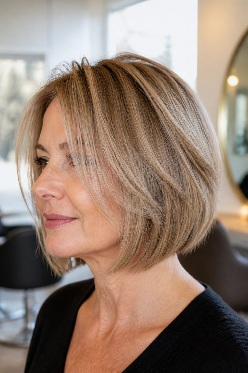 Close-up of layered bob on a real woman with fine hair in a bright salon