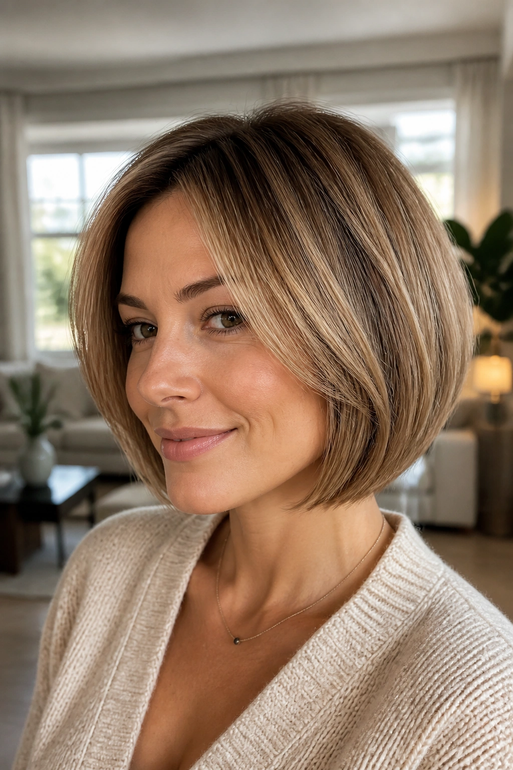 Close-up portrait of a real woman with layered bob for fine hair, showing soft layers and lifted crown
