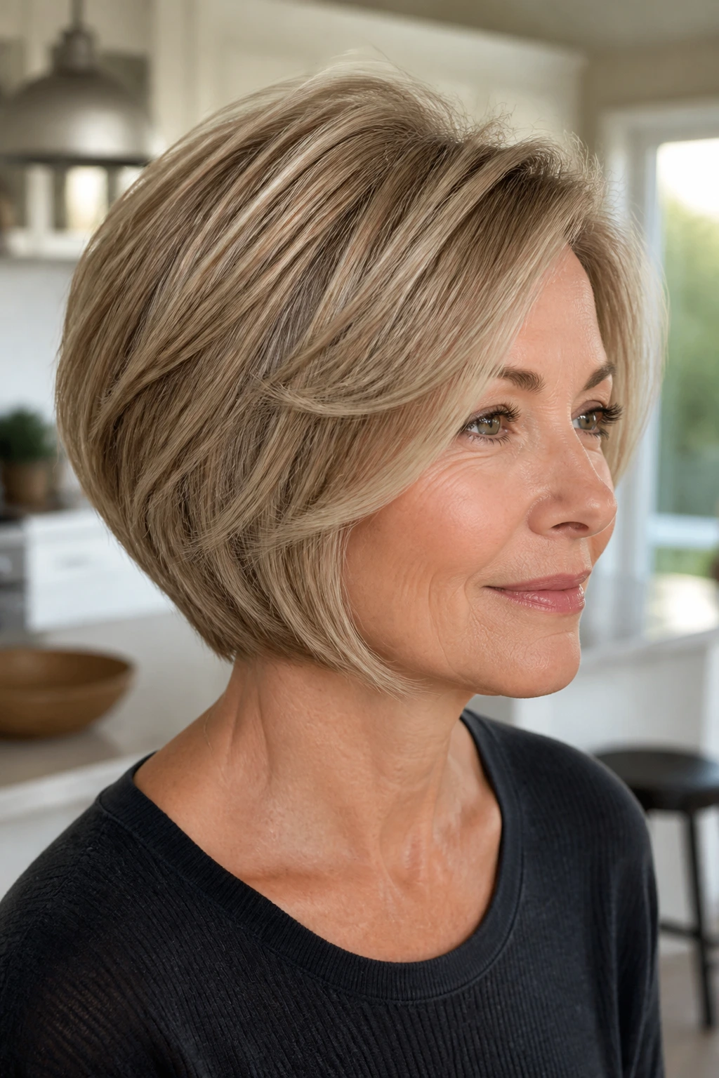 Layered Bob for Fine Hair: close-up of a real woman with layered crown and fullness