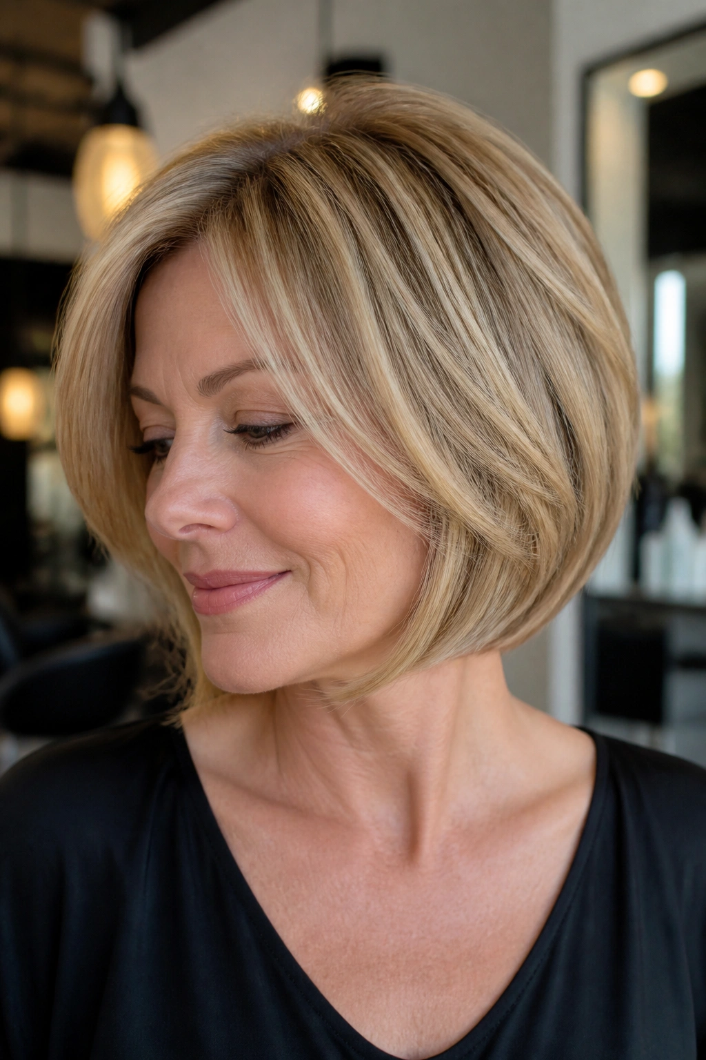 Real woman with layered bob adding lift around crown for fine hair.