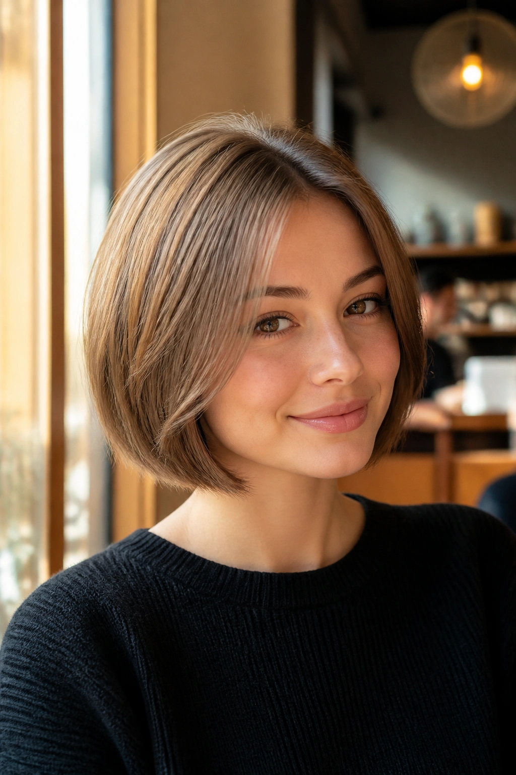 Portrait of a real woman with a layered bob for fine straight hair showing crown lift