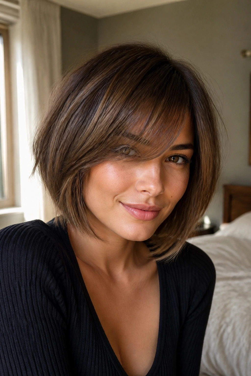 Close-up of a woman with layered bob and long fringe under warm window light