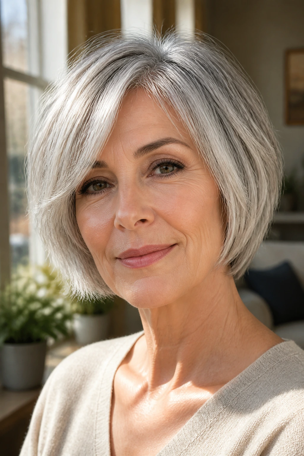 Close-up portrait of a real woman with a layered bob and gray hair, soft cheekbone-framing layers in warm window light.