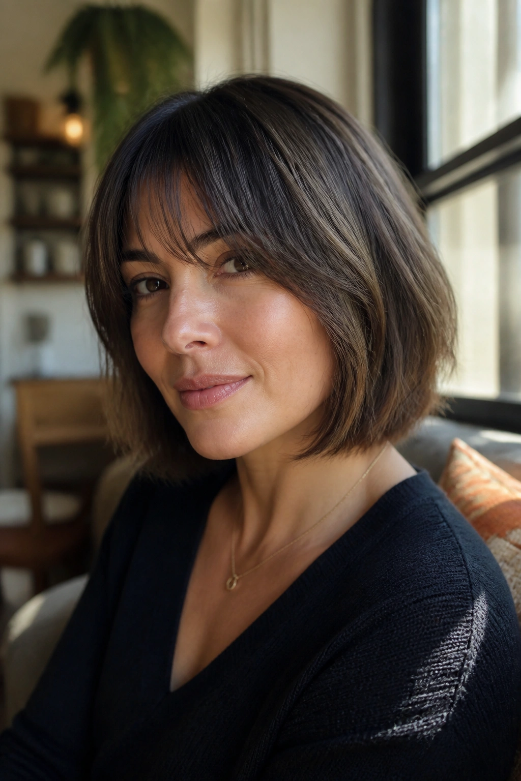 Portrait of a real woman with a low-maintenance layered bob and soft grown-out bangs in natural daylight