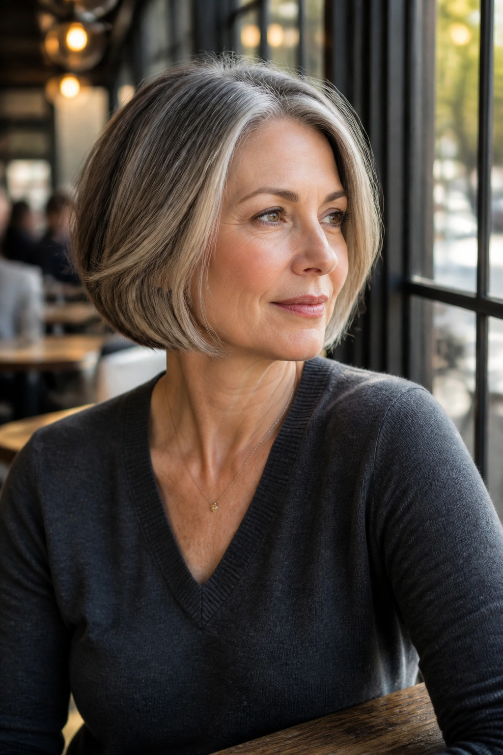 Close-up of a real woman with a jaw-length soft layered bob in natural cafe window light