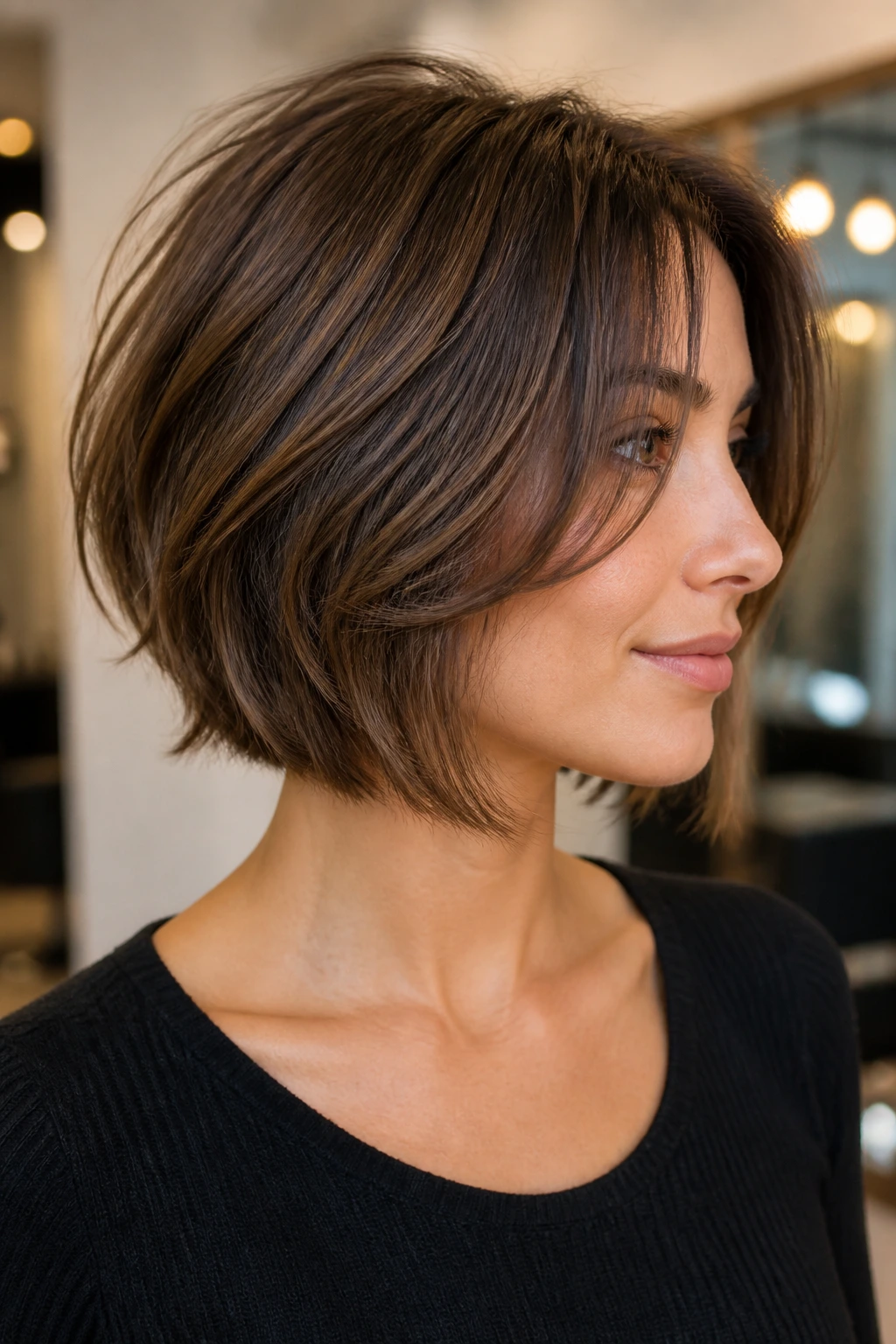 Portrait of a real woman with layered bob showing movement around the jawline