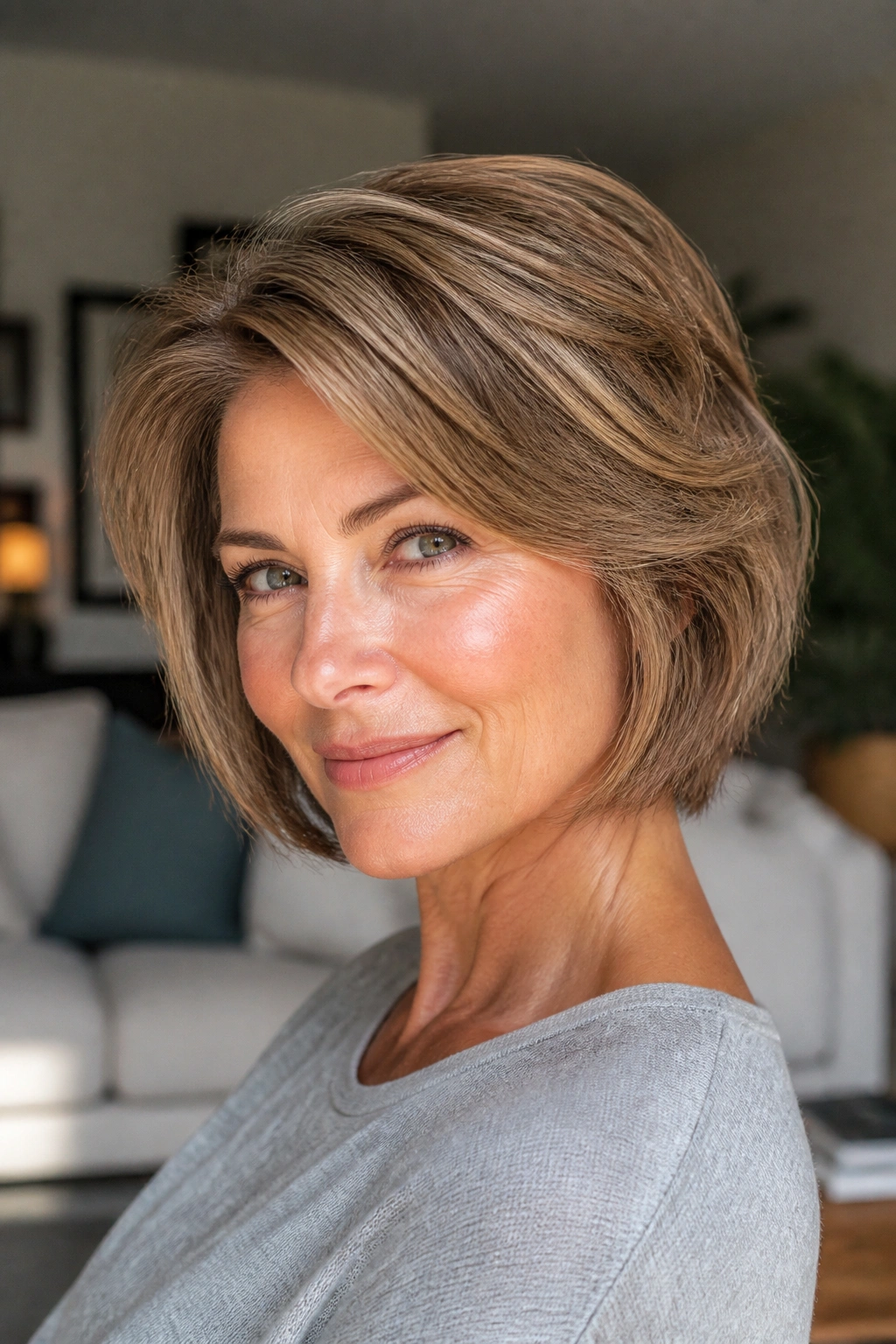 Real woman with layered bob providing lift at crown in warm living room light