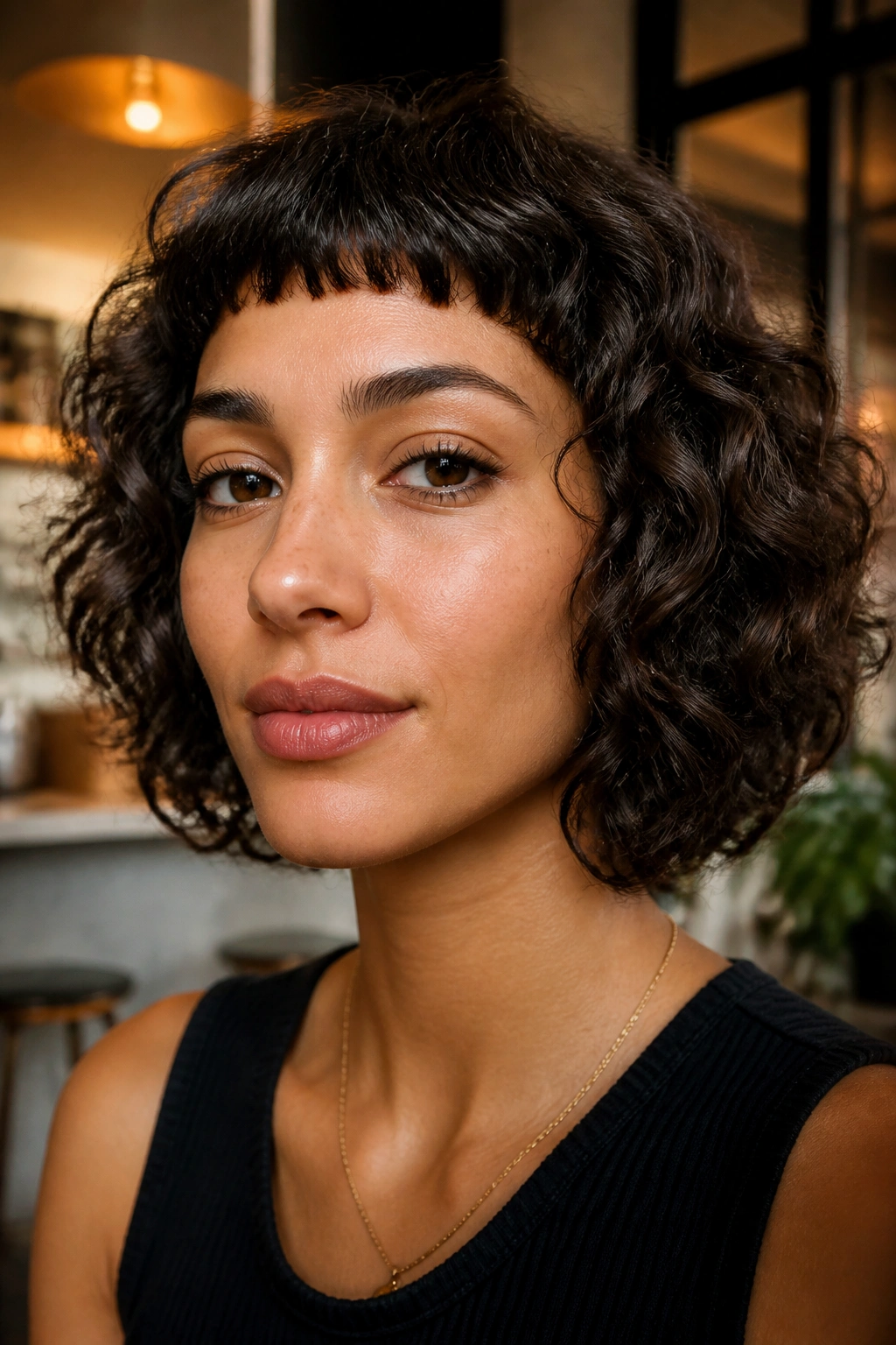 Close-up of a real woman with layered bob and micro bangs.