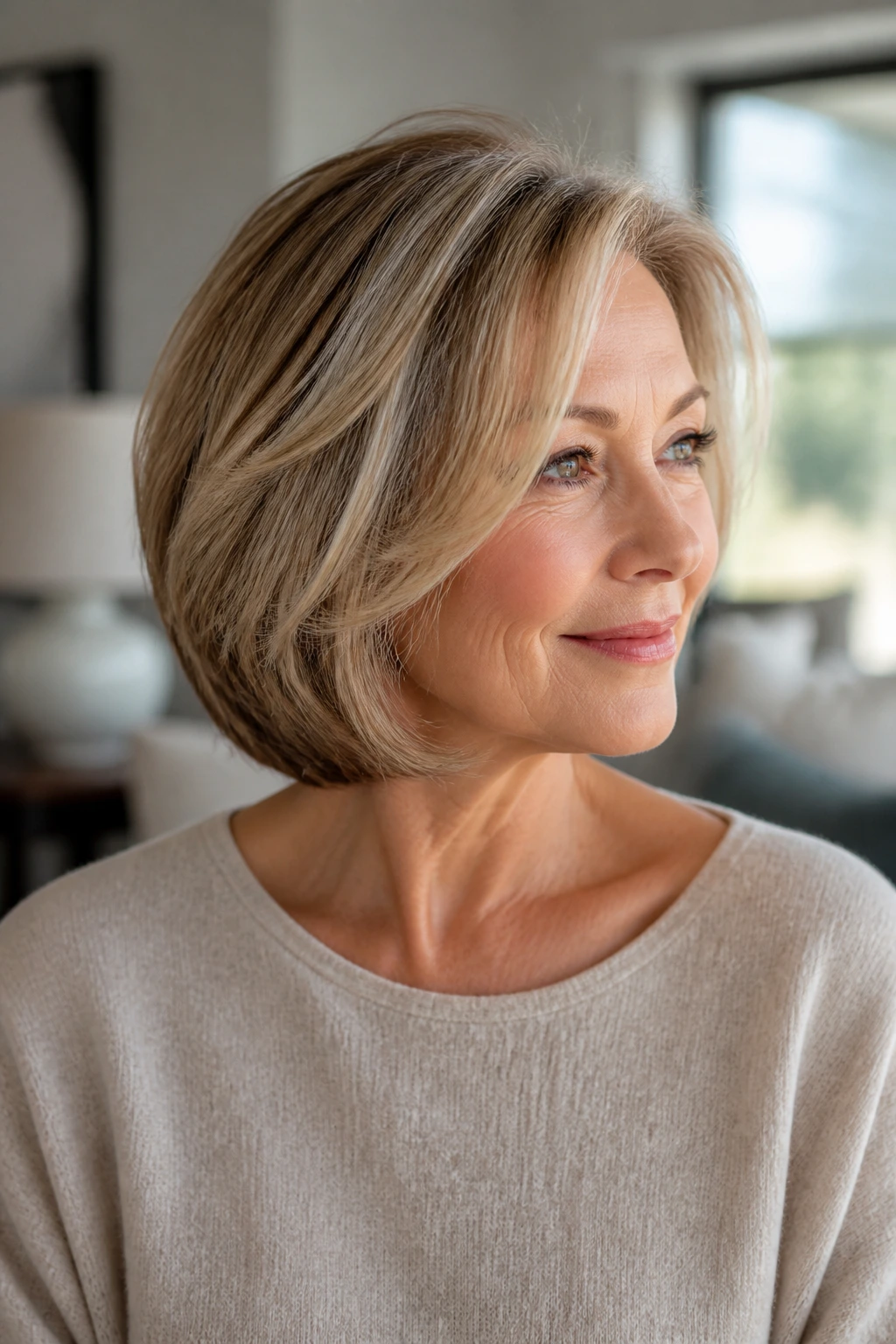 Close-up of a real woman with a layered bob showing movement