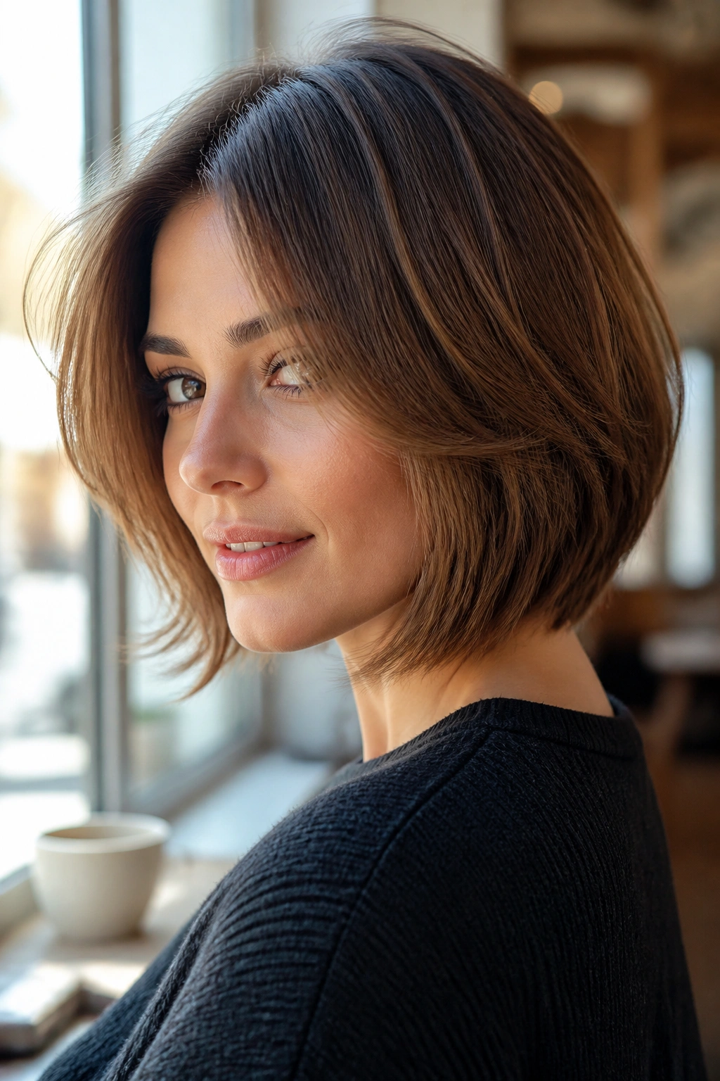 Close-up of a real woman with a layered bob in a sunlit cafe