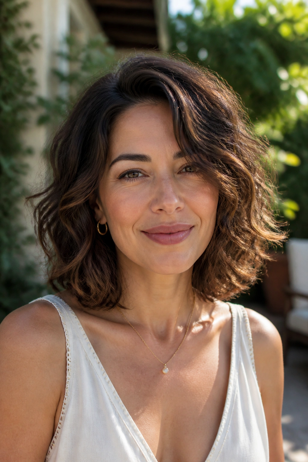 Close-up of a real woman with layered bob and natural waves