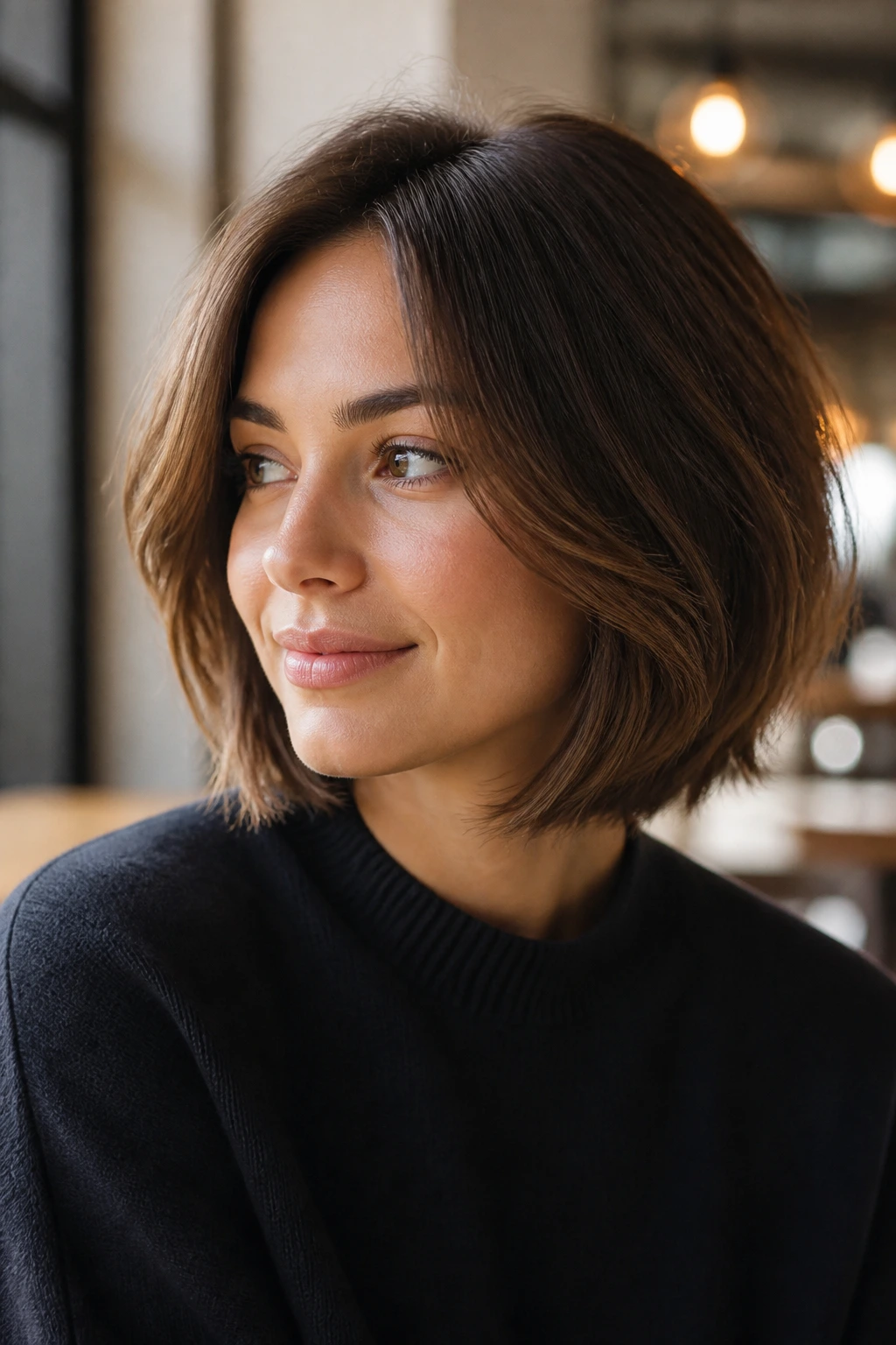 Close-up portrait of a real woman with a layered bob in cafe window light.