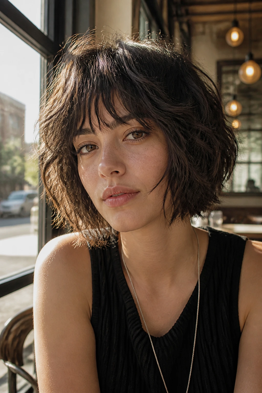 Close-up of a real woman with layered bob shag hairstyle in sunny cafe light.