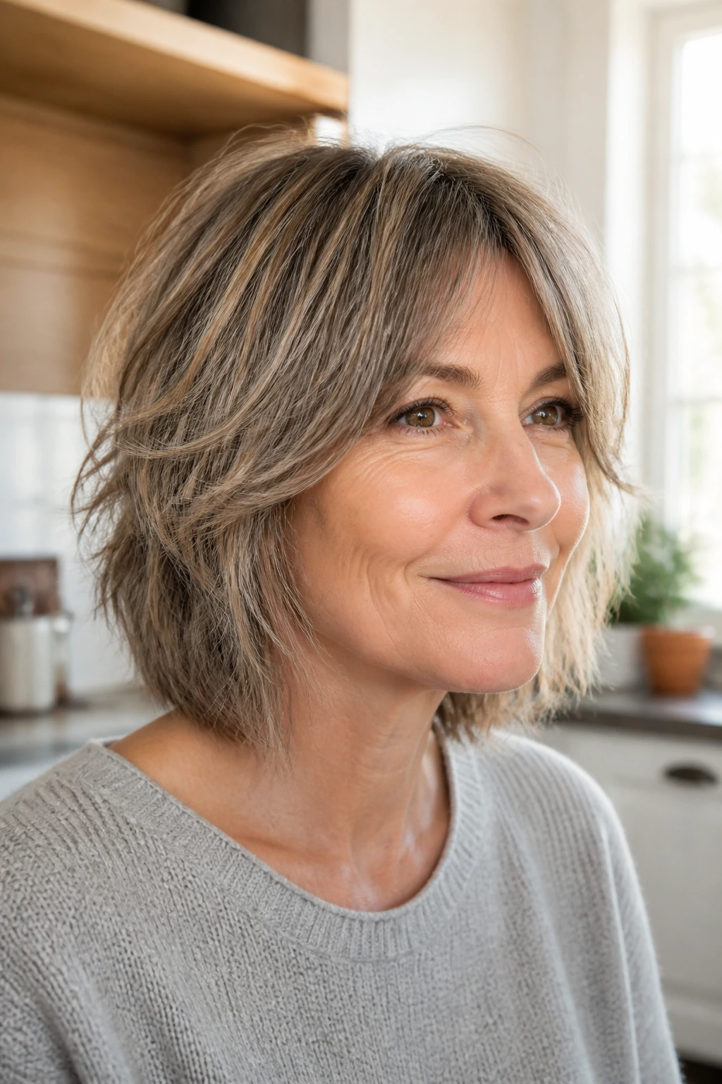 Portrait of real woman with layered bob shag in bright kitchen setting