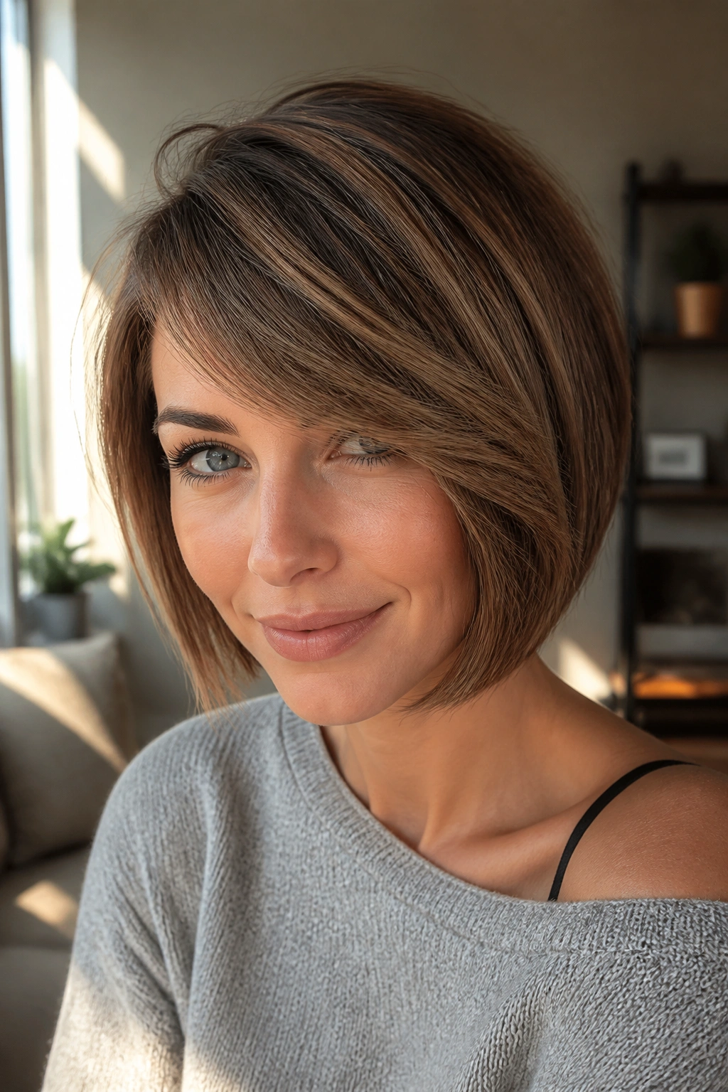 Close-up of a real woman with a layered bob and side-swept bangs.