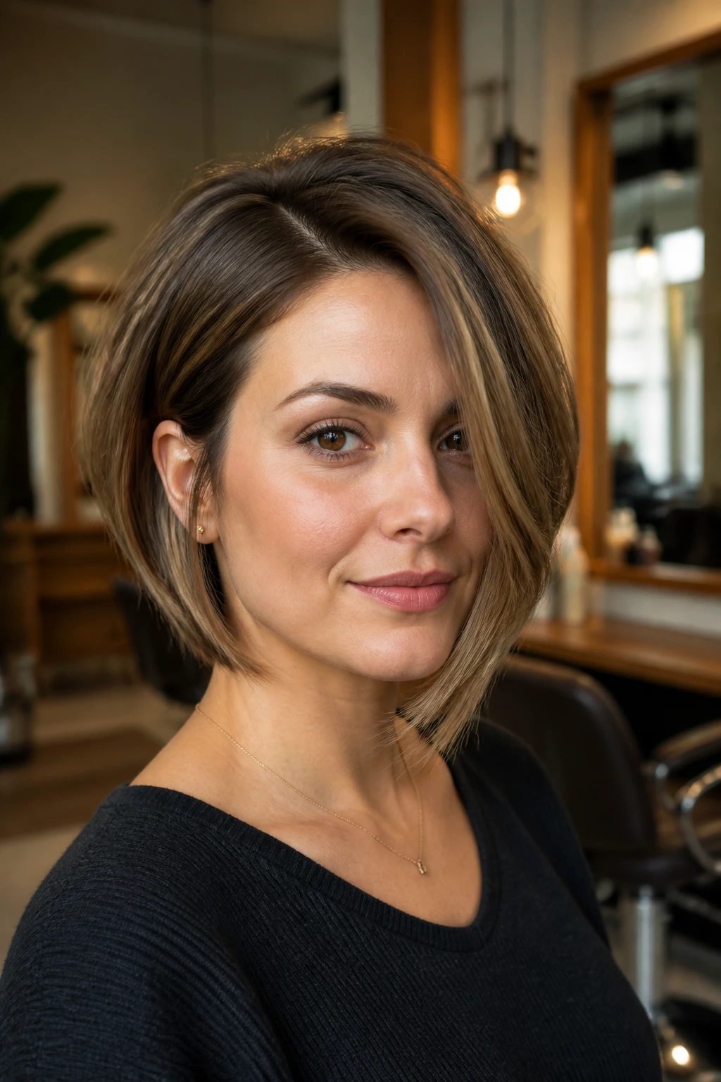 Close-up of a real woman with layered bob and side part in a salon setting