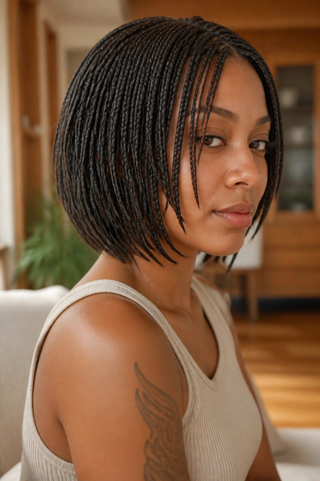 Close-up of a real woman with layered bob braids and stacked lengths