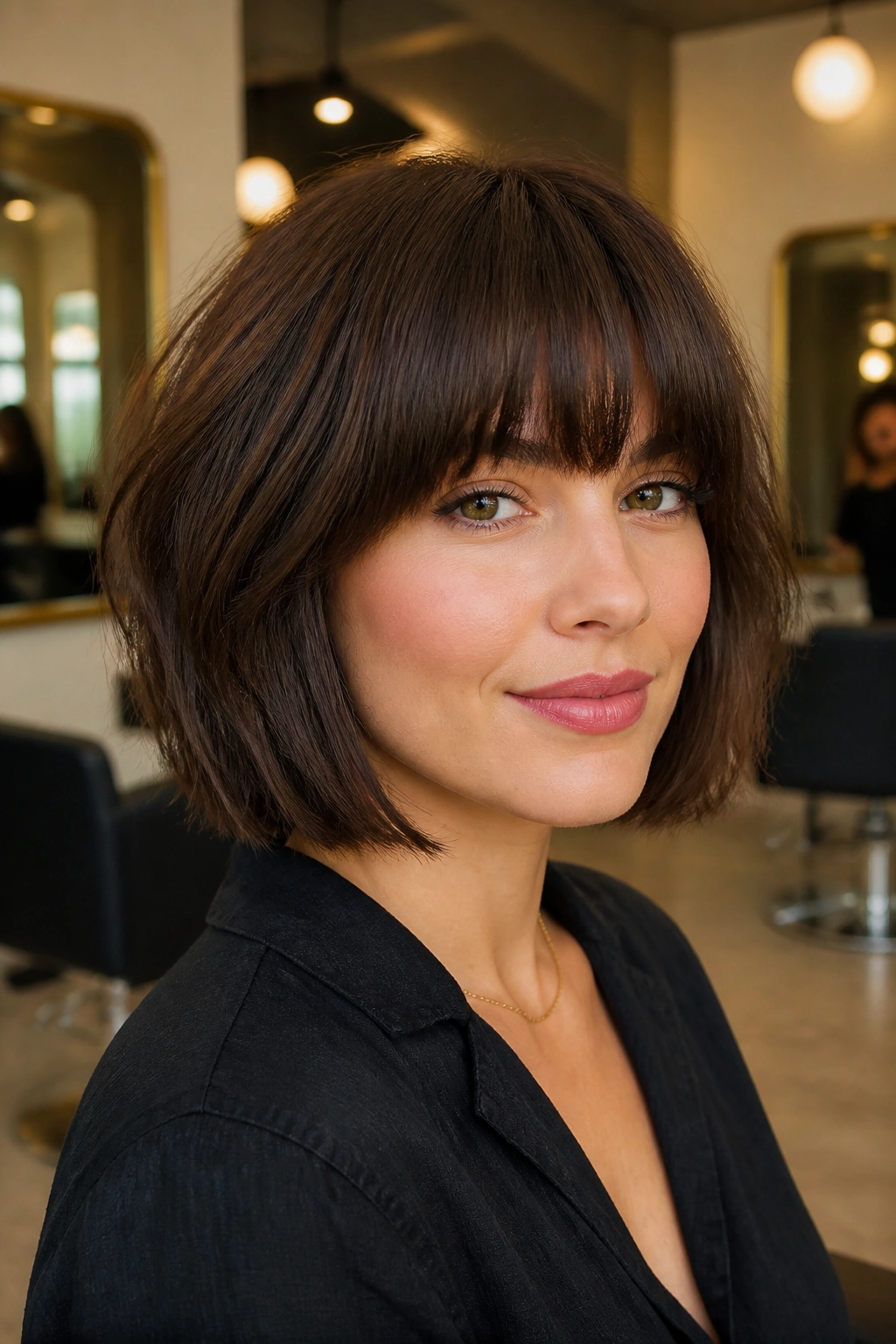Portrait of a real woman with layered bob for thick hair and full fringe in soft salon lighting