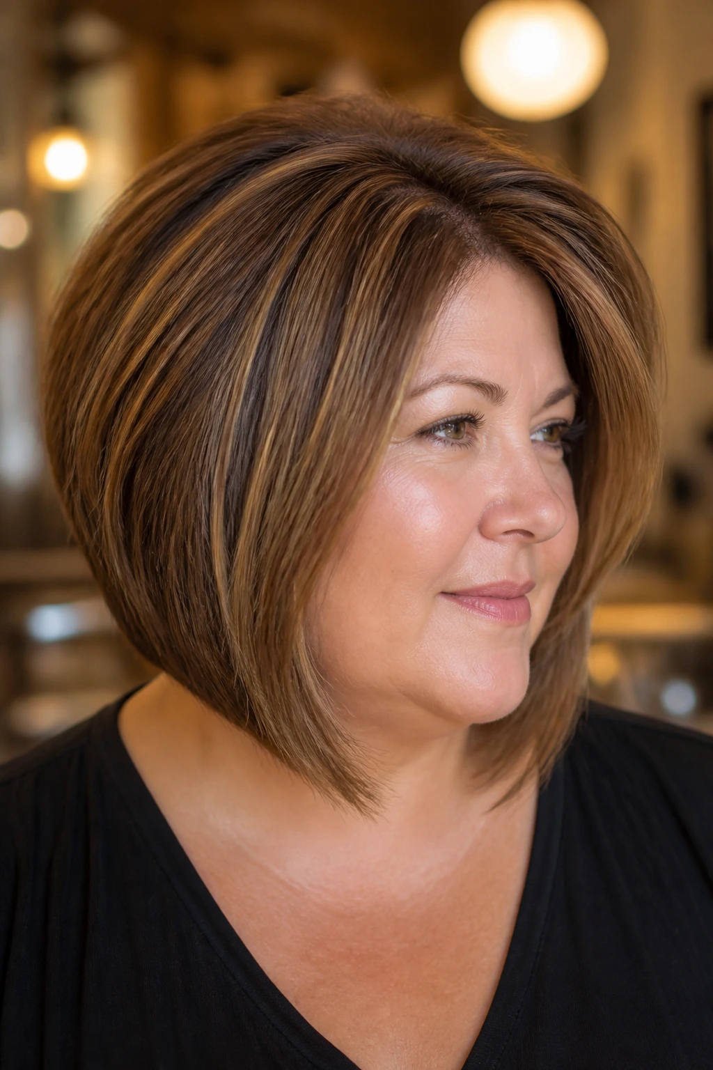 Close-up portrait of a real woman with Layered Bob for Thick Hair showing internal layers and crown lift
