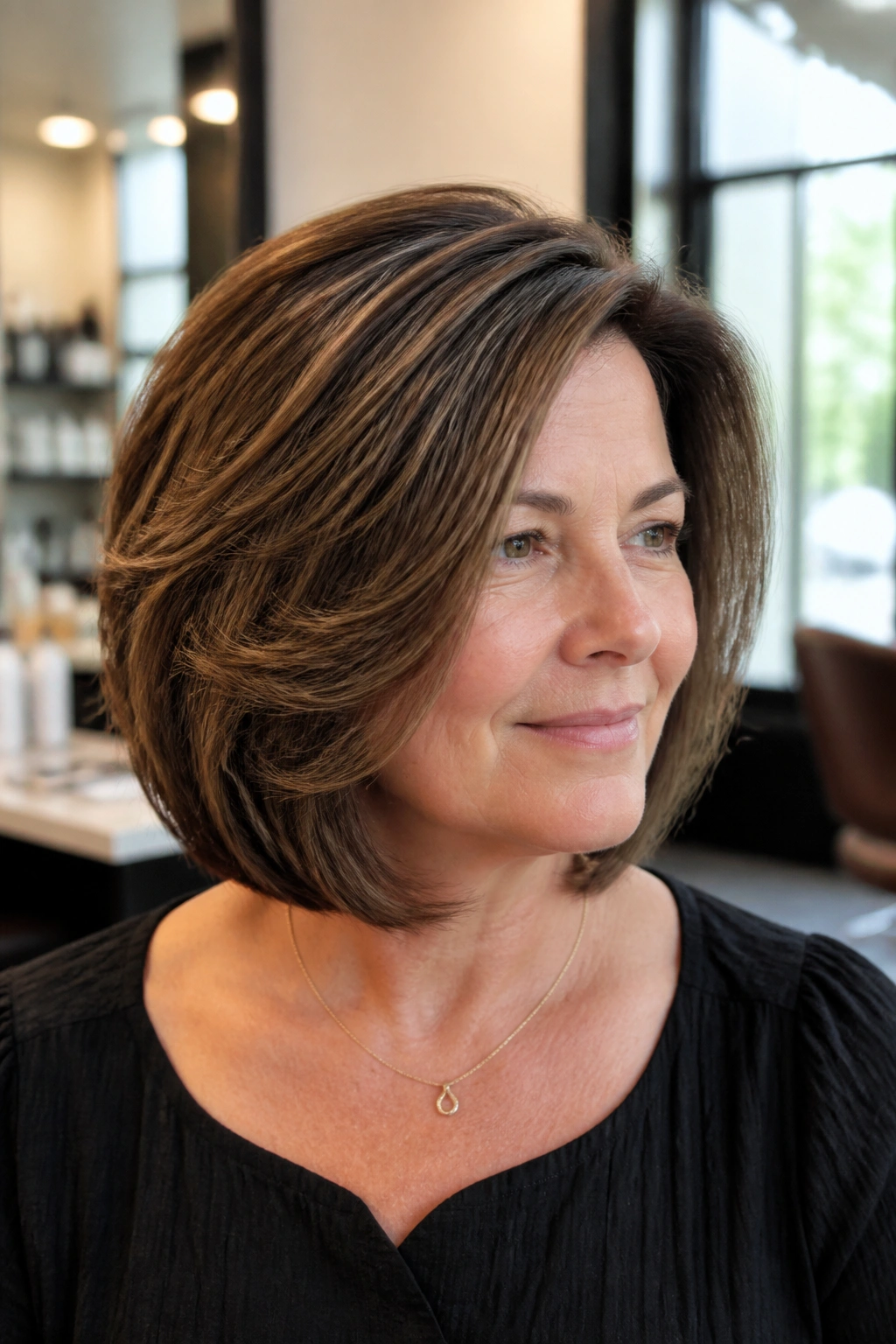 Three-quarter portrait of real woman with layered bob for thick hair in natural light.