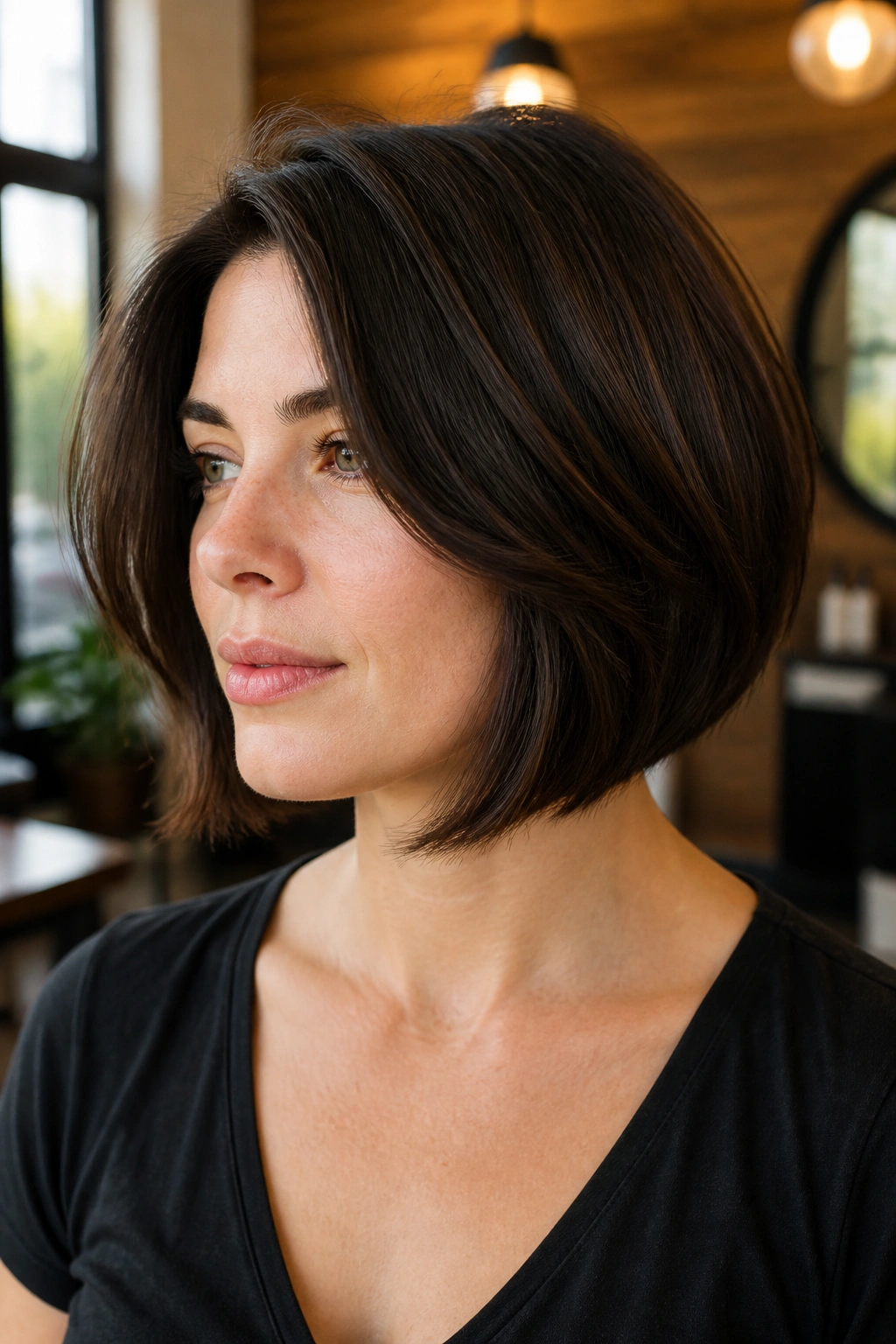 Close-up portrait of a real woman with a layered bob on thick hair