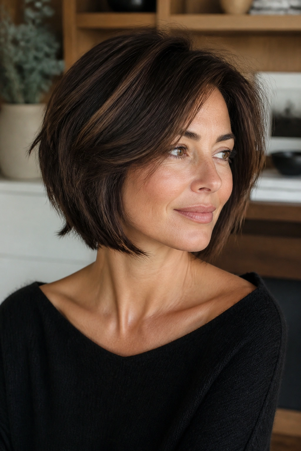 Close-up portrait of a real woman with layered bob for thick hair