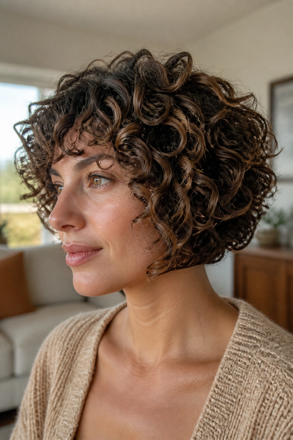 Layered bob on thick ringlets with crown layers visible
