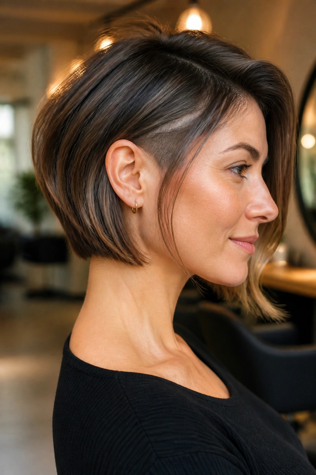 Real woman layered bob with subtle undercut at nape in warm salon lighting