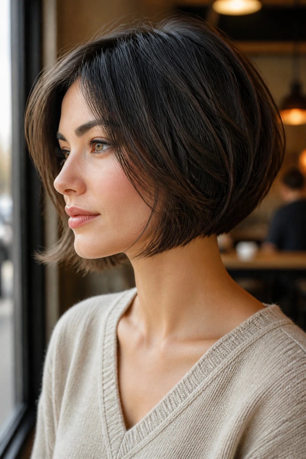 Close-up portrait of a real woman with layered bob and removed underlayers