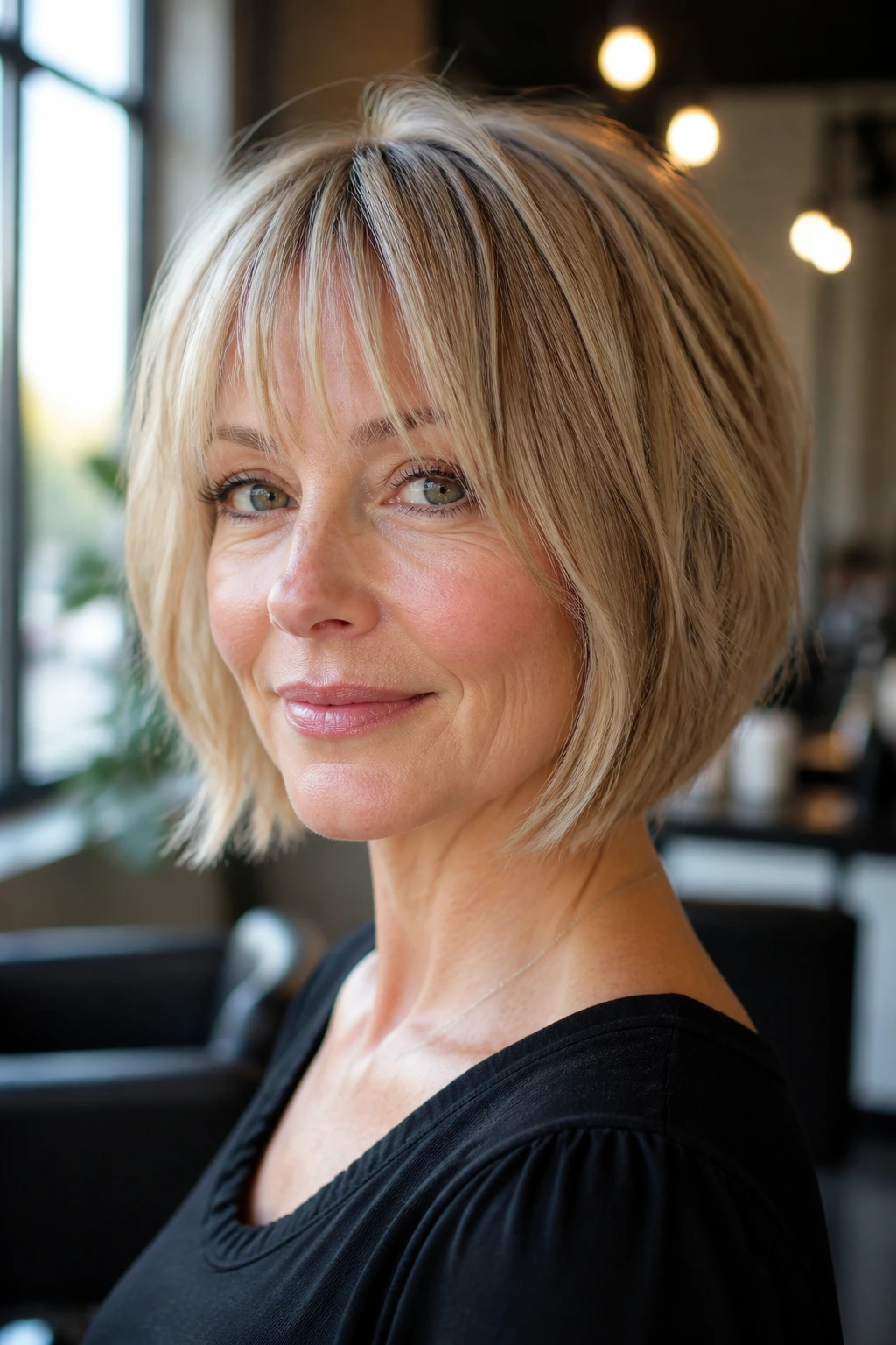 Close-up of a real woman with a layered bob and wispy bangs in a sunlit salon