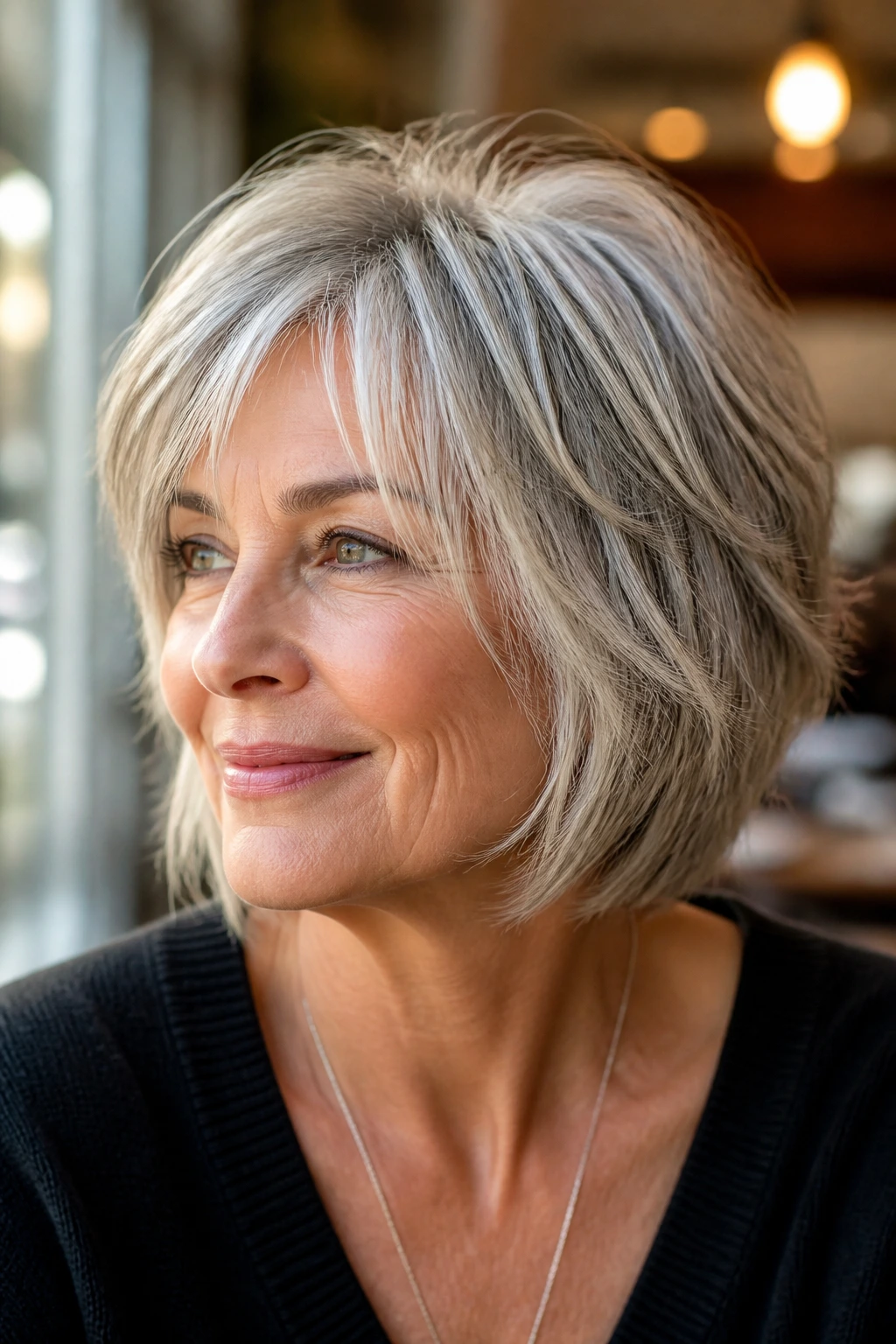 Close-up of an older woman with layered bob and wispy ends.
