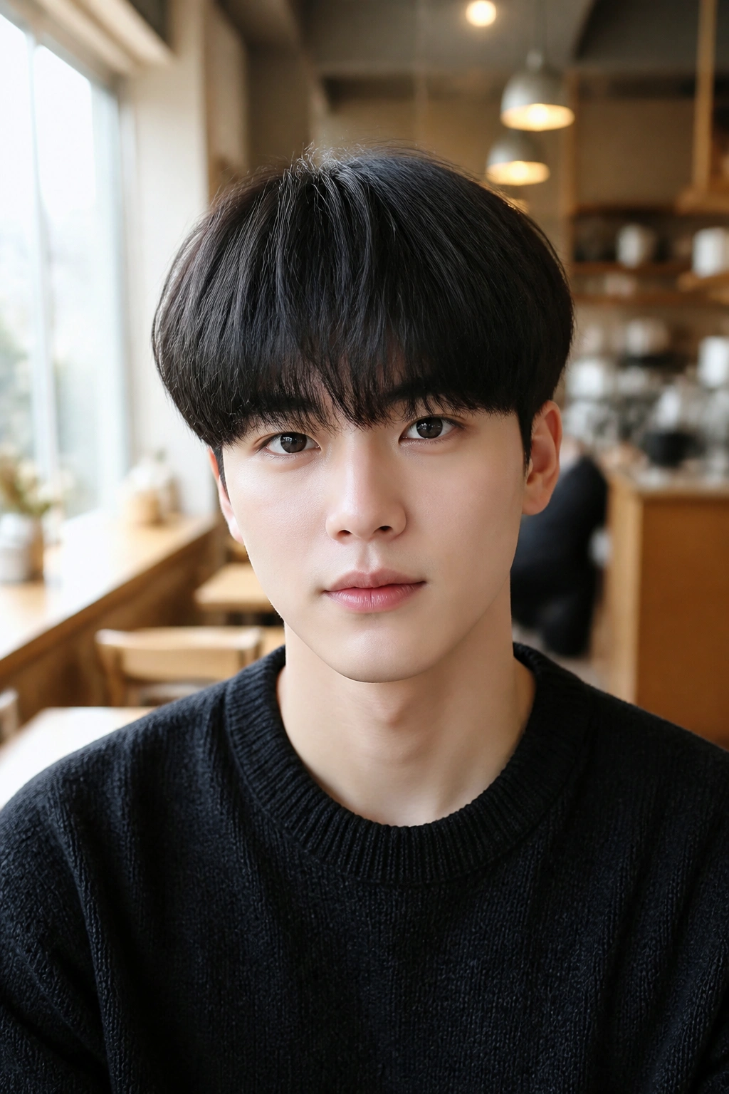 Front portrait of a man with a layered bowl cut and rounded edges in a sunlit cafe
