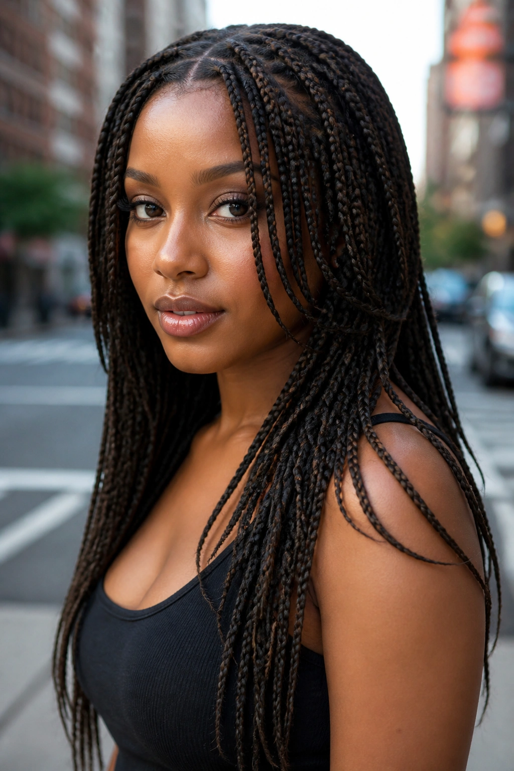 Close-up of real woman with layered box braids showing movement and face-framing layers