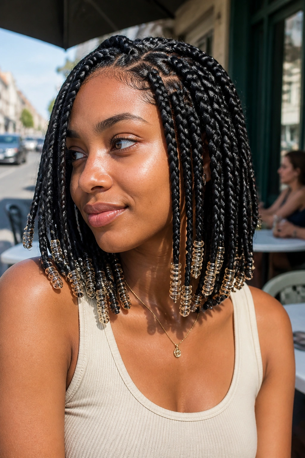 Close-up of layered box braids with spiral beads on a real person at an outdoor cafe