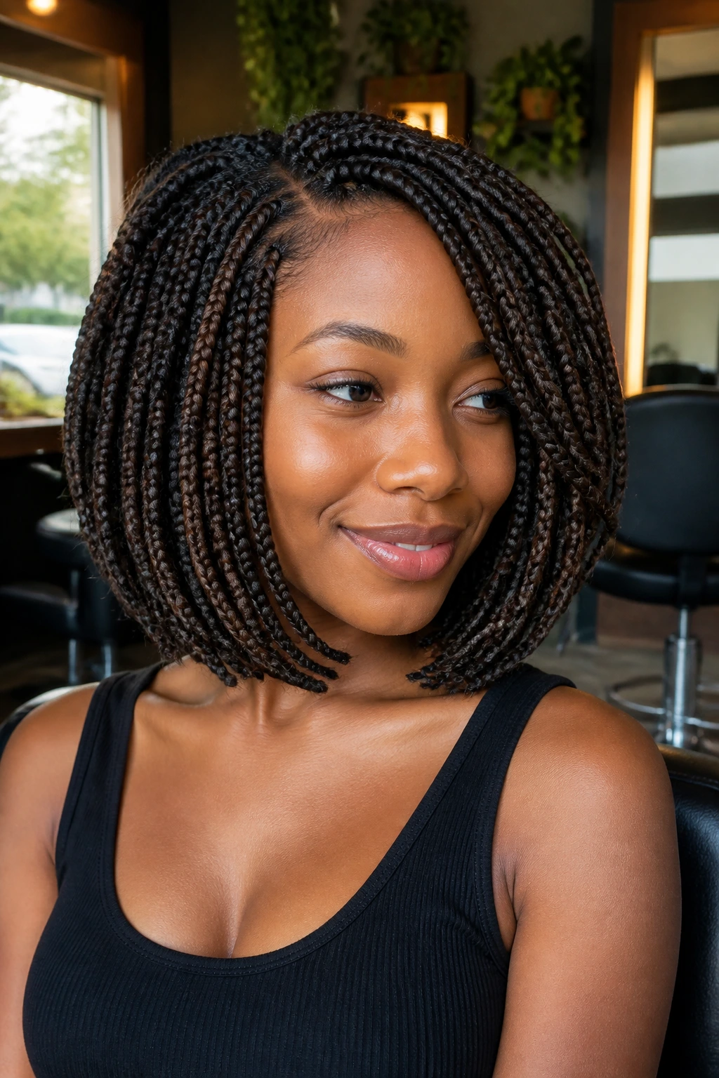 Real woman with a voluminous layered braided bob in a stylish salon setting