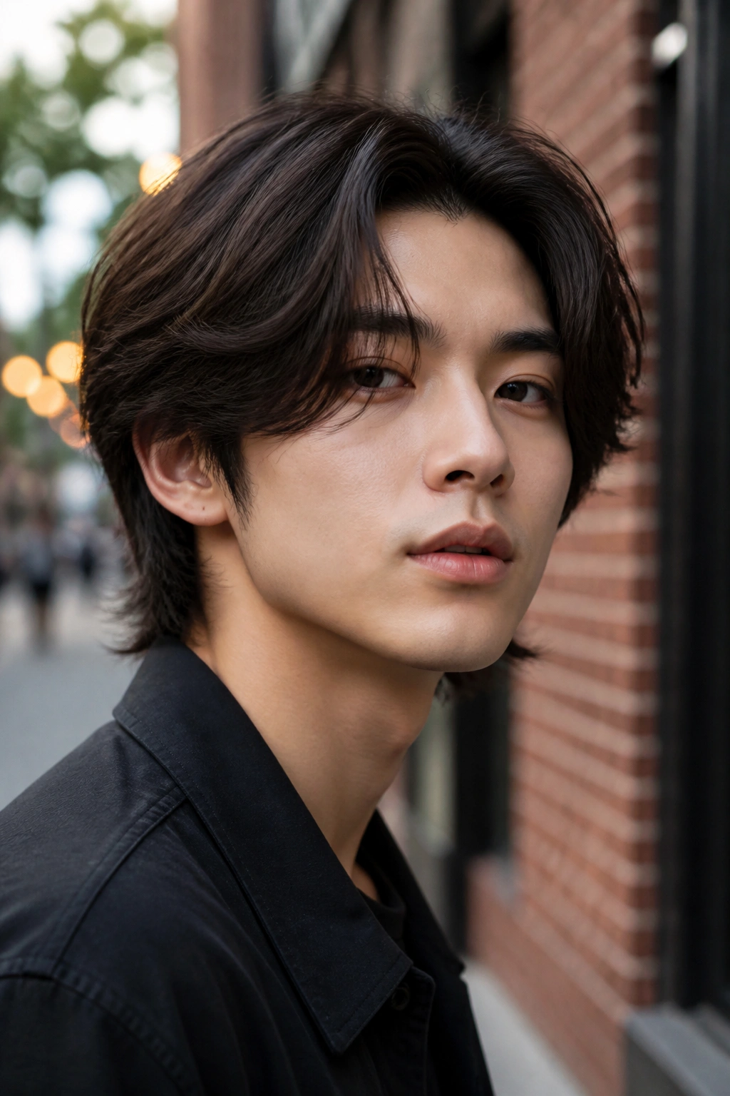 Close-up portrait of a man with layered bro flow in an urban setting