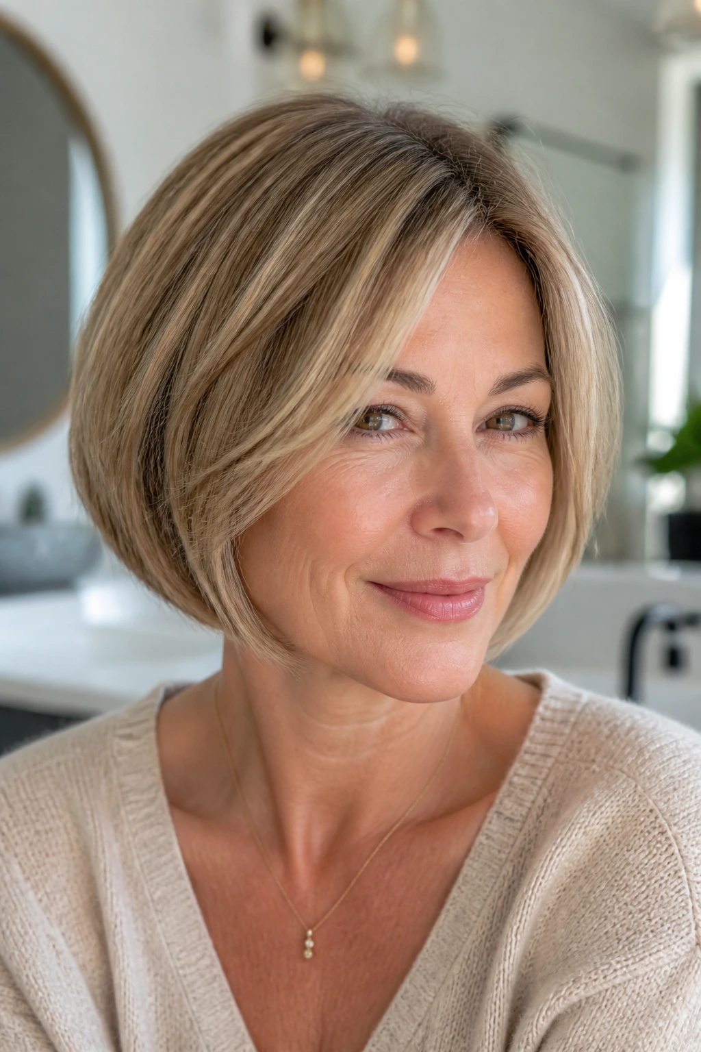 Close-up portrait of a real woman with a layered chin-length bob.