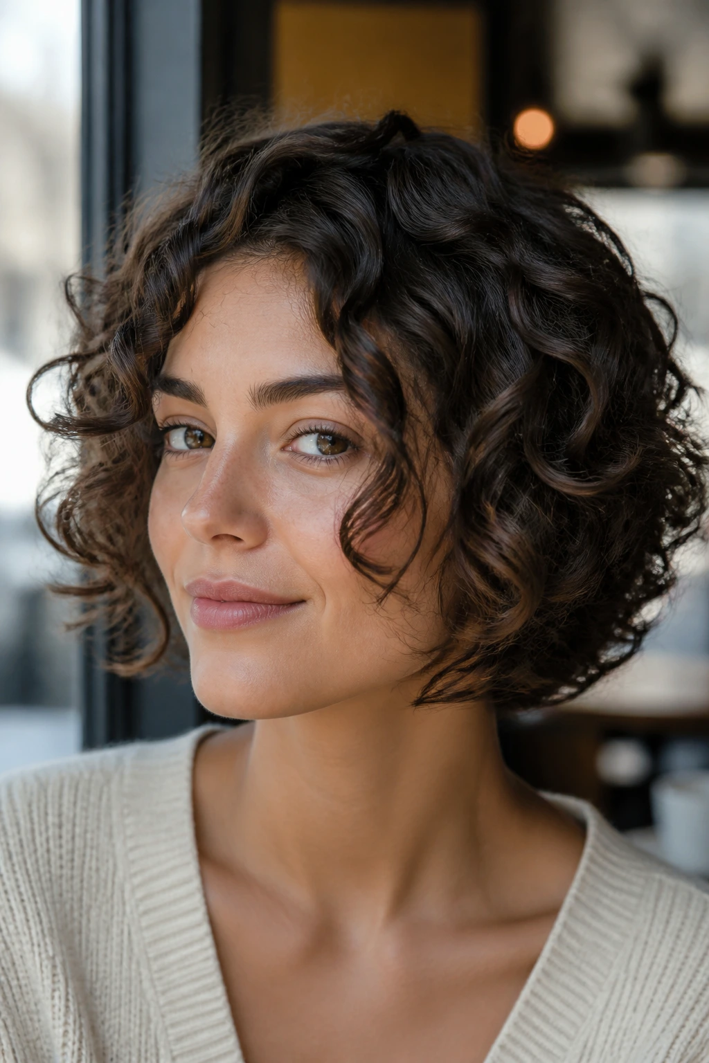Real woman with chin-length layered curls and face-framing pieces