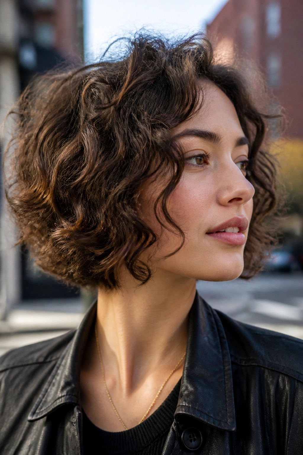 Close-up of a real person with layered chin-length curls framing the jaw