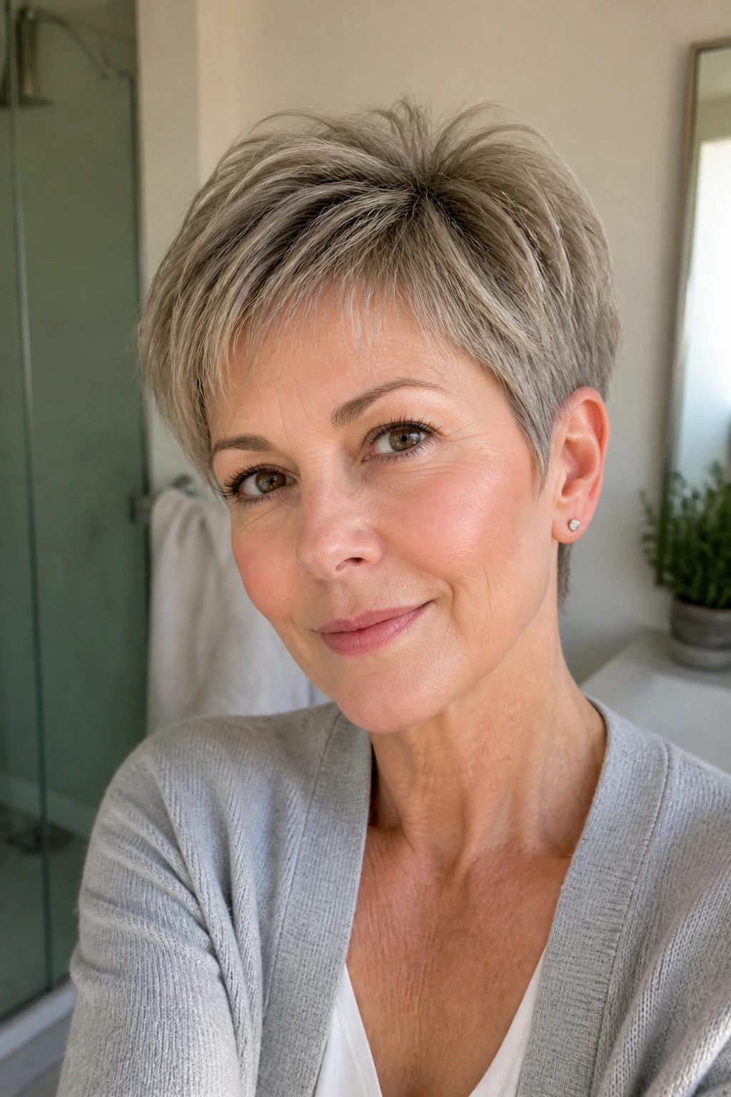 Portrait of a real woman with a short layered crop for fine hair showing lift at the crown.