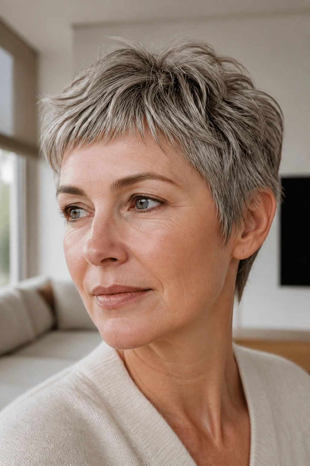 Close-up portrait of a woman with layered crop and micro fringe hairstyle