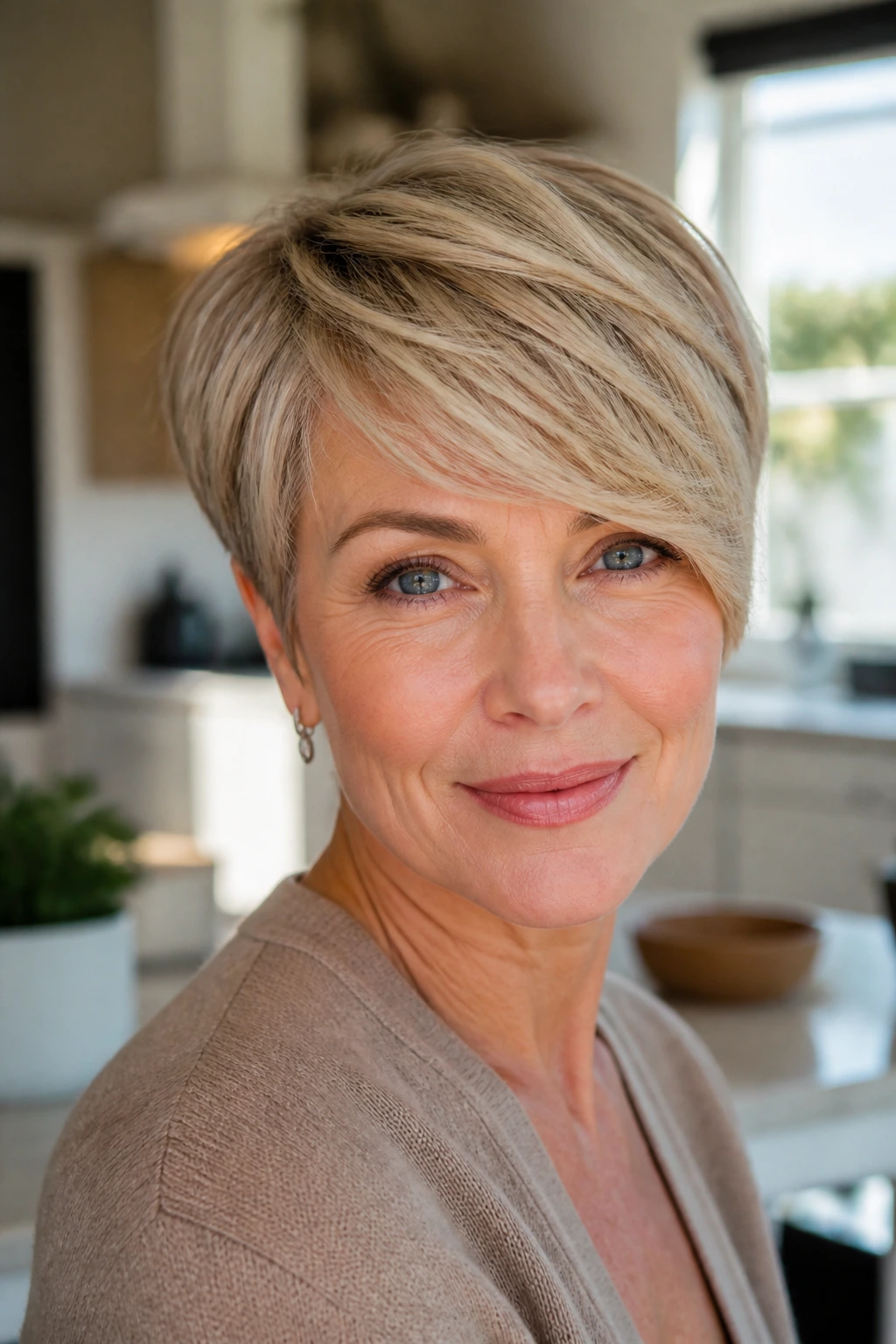 Real woman with layered crop and side-swept fringe in sunlit home setting