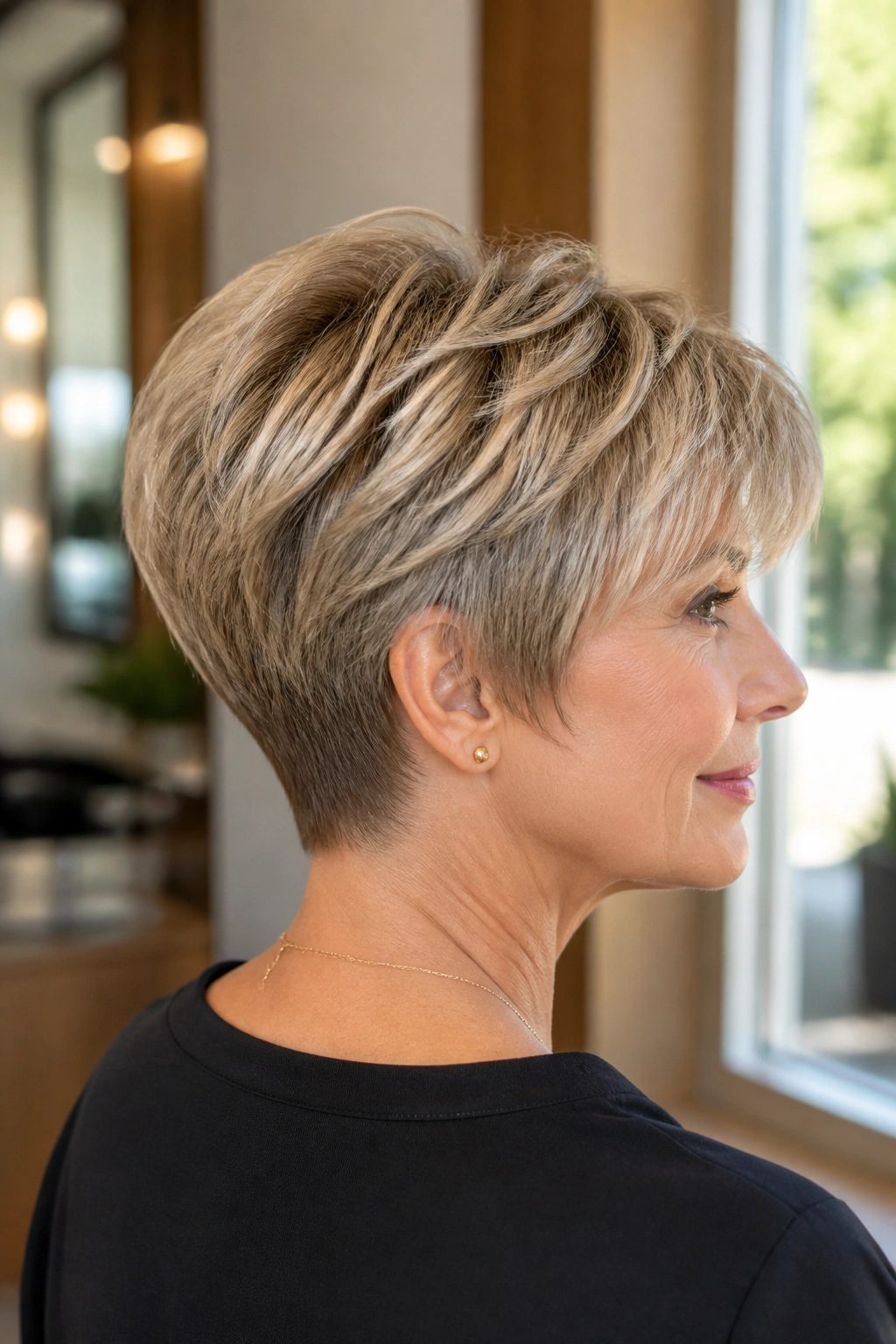 Close-up of a real woman with layered crop and tapered nape in warm salon lighting