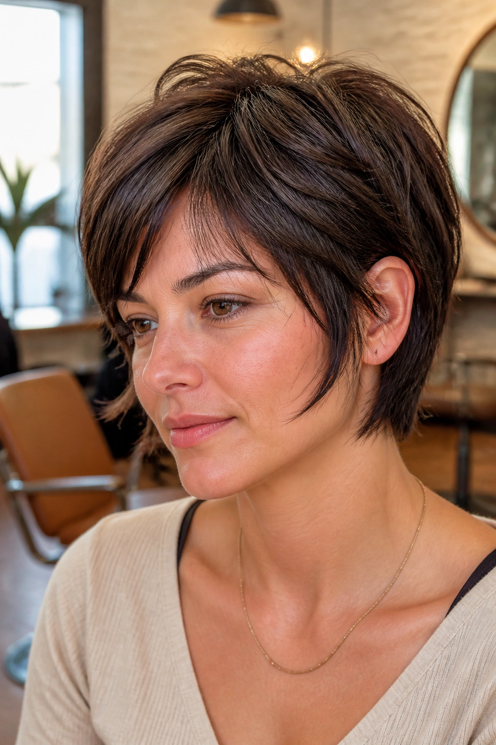 Close-up portrait of a real woman with a short layered crop and piecey temple pieces in a warm salon setting