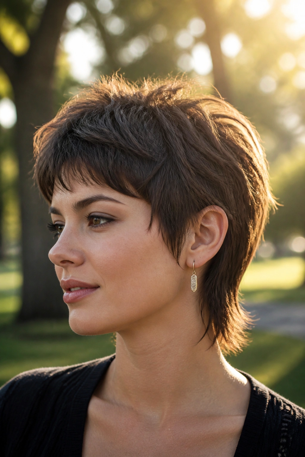 Portrait of a real person with layered crown pixie mullet in a sunlit outdoor setting
