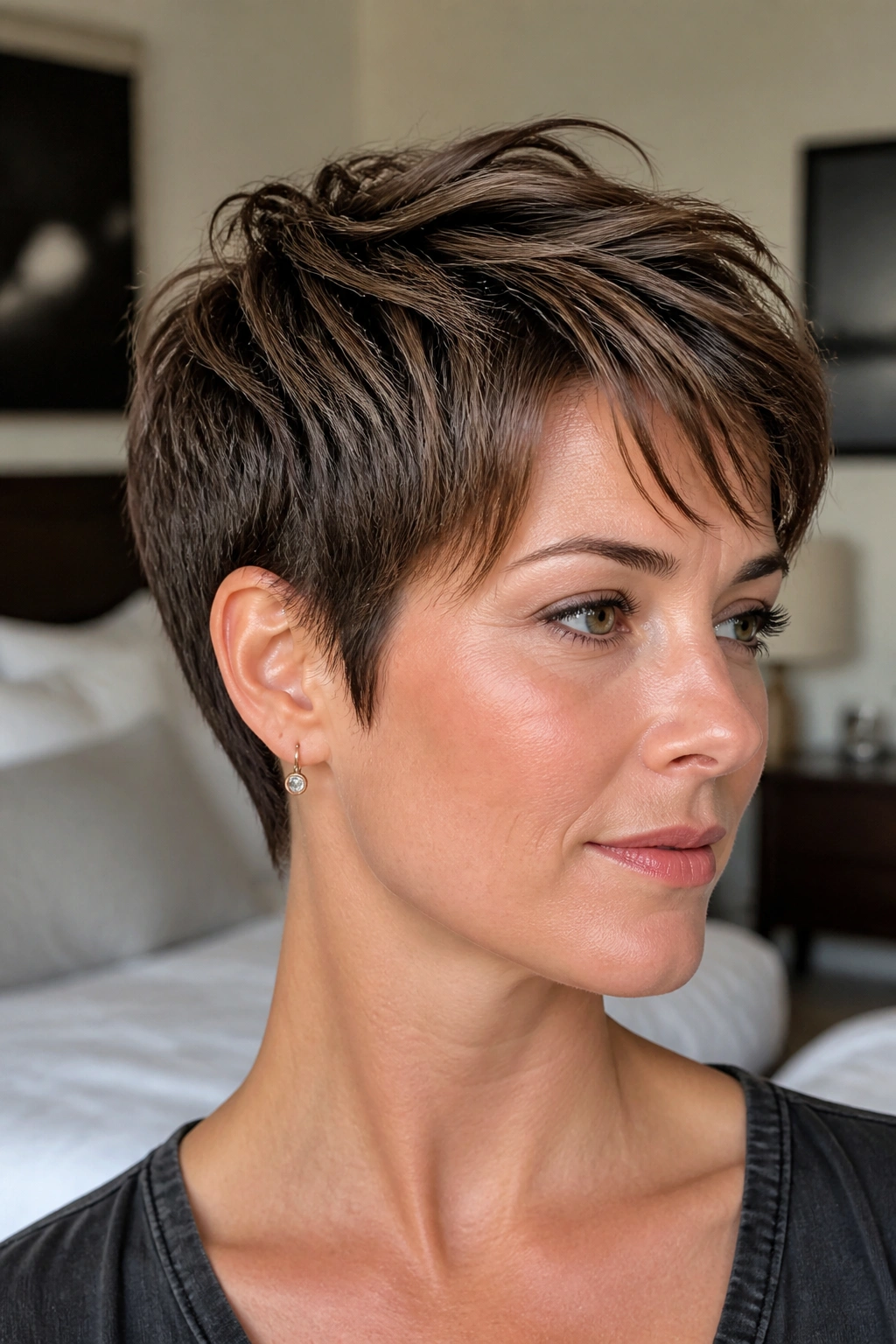 Portrait of a real person with layered crown pixie showing top layers